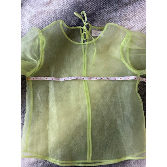 Grey Lab Sheer Neon Green Long Sleeve Keyhole Back Tie Closure Blouse Size Large - Picture 7 of 10